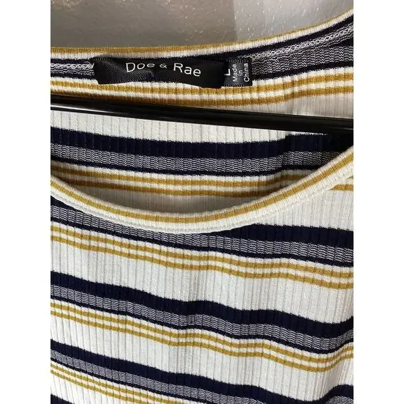 doe And Rae Multicolor Strip Top Black White Tan Ruffed Cuffs Women’s - Picture 4 of 9